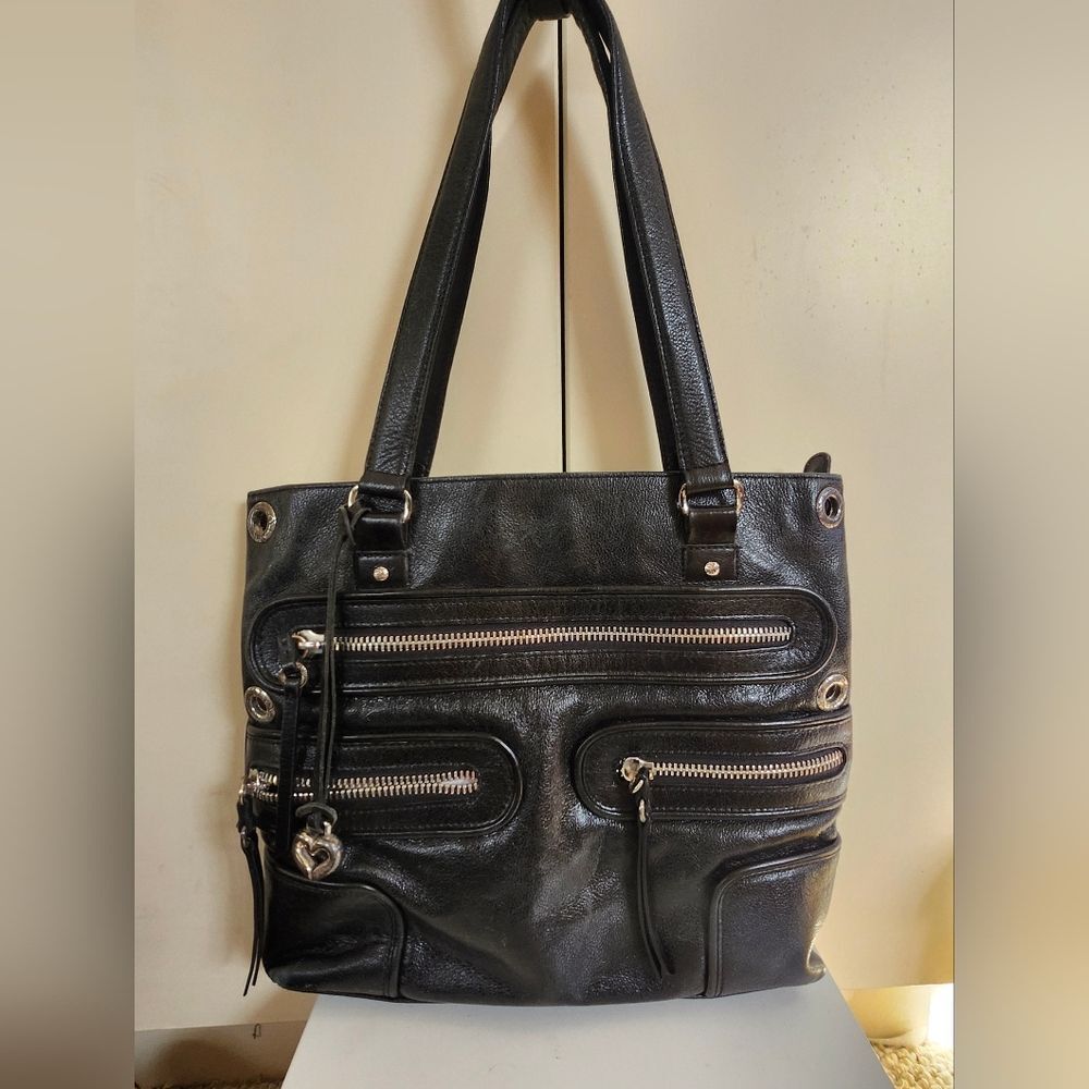 Brighton "Morrison" Black Pebbled Leather Multi-Zip Tote/Shoulder Bag Ret. $319